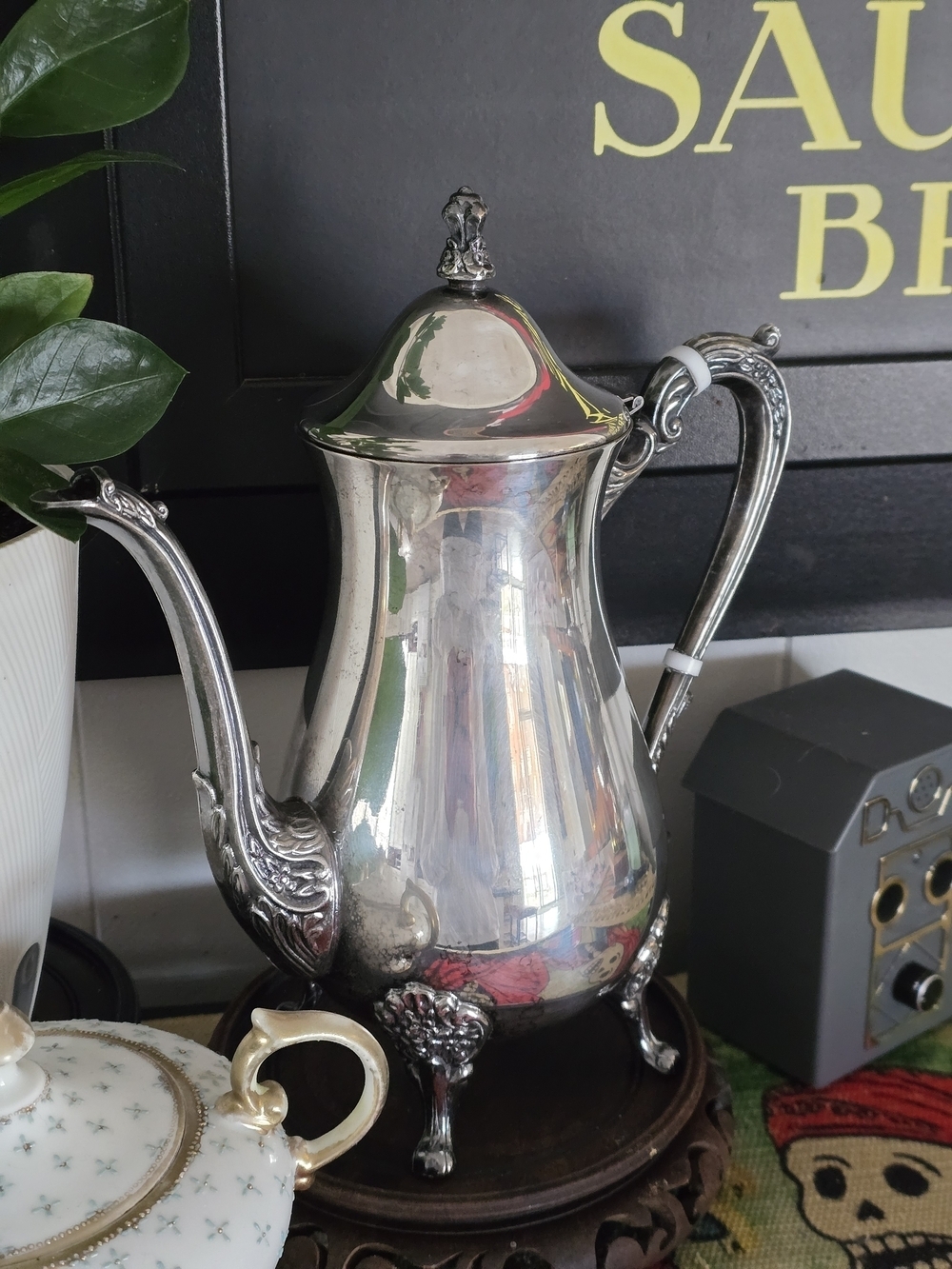 Vintage Silver Plated Coffee/Teapot - Ornate Raised Feet & Scroll Handle